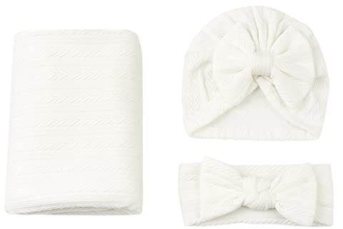 Neugeborenen-Empfangsdecke, Neugeborenen-Empfangsdecke mit Stirnband und Mütze, Baby-Pucktuch, Baby-Puckdecke für Jungen und Mädchen(Weiss)