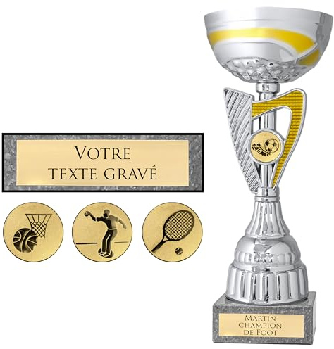 KDO MAGIC Trophée Personnalisable - Coupe personnalisée avec Texte - Gravure - Plusieurs modèles - Or et Argent - Cadeau fête des Pères, Anniversaire, Sport (Modèle Foot)