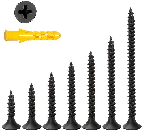 M3.5 Wood Screws Assortment,245 Pcs Drywall Screws Assorted,Flat Head Self Tapping Mixed Screws Kit For Wood,Metal,Plastic (16/20/25/30/40/50mm) (Black)