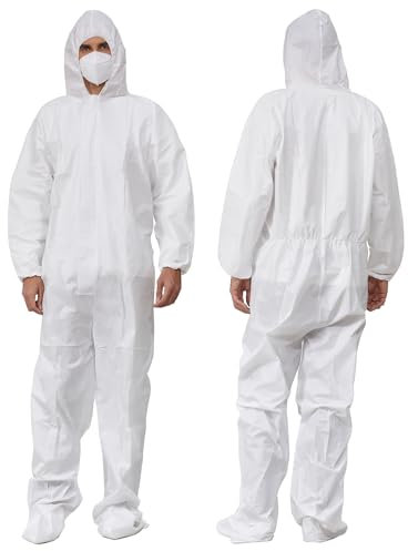 Greenour Hazmat Suits Einweg-Schutzanzug, mikroporös, mit Kapuze und Stiefeln, Größe L bis XXL, Weiß, Weiss/opulenter Garten, X-Large
