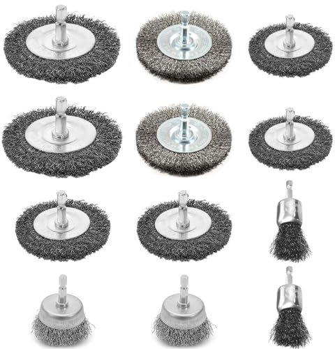 Lizaty 12 Stück Drahtbürste Bohrmaschine Set mit Sechskantstange für Akkuschrauber, zum Polieren, Schleifen, Entrosten und Entgraten - Hochwertiges Edelstahlmaterial, Langlebig und Effizient