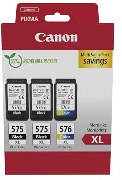 Canon PG-575XL x 2 / CL-576XL Cartouches d'encre Authentiques à Haut rendement, Lot de 3 (2 x Noir, 1 x Couleur) - Carton Multipack