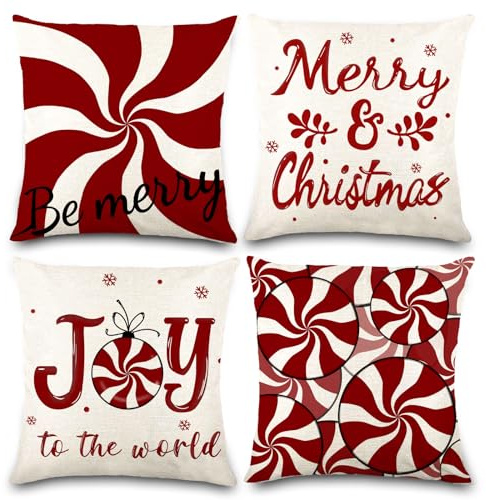 4 Stück Xmas Kissenbezug, 45x45 cm Rote Weihnachten Kissen Weihnachten Pillow Weihnachtsdeko für Wohnzimmer und Schlafzimmer