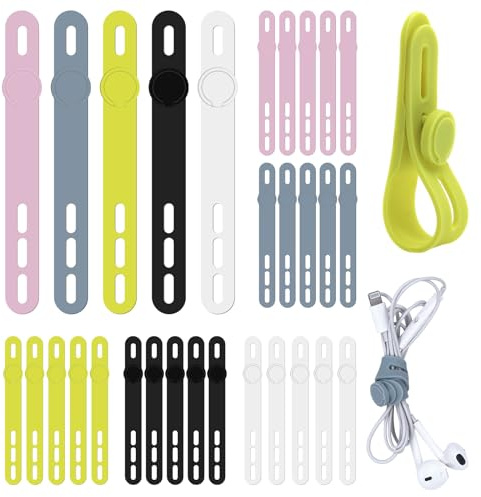 30 Piezas Sujeta Cables Bridas Reutilizables Bridas de Cable de Silicona Organizador de Cables para Sujetar Cables Y Alambres (5 Colores)