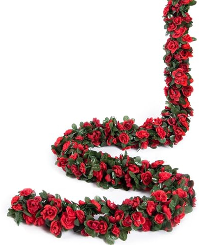 Weldomcor 5 Pack 2,45 m Guirnalda de Rosas Artificiales Flores Colgando Flores De Seda Colgante Al Aire Libre Flores Artificiales Deco para Boda Arco Dormitorio Pared Decoración (Rojo)