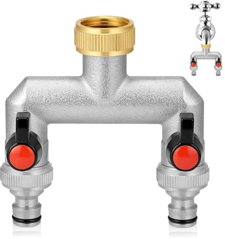 WANDGU Wasserhahn Wasserverteiler 2-Wege: 2-Wege Kugelhahn Verteiler mit Adapte aus Messing, 3/4 Zoll Messing Wasserhahn Verteiler zum Gartenschläuche, Einstellen und Absperren des Wasserflusses