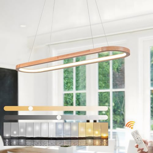 WayLuoung Wood LED Kronleuchter Deckenleuchte, Dimmbare Ovale Ring Holzbeleuchtung, 3000-6000K, Einstellbare Kreis Anhängerlampe, Kücheninsel Esszimmer Wohnzimmer Foyer Hängen【70cm】