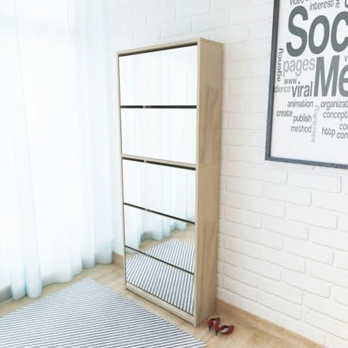 DYRJDJWIDHW Shoe Rack,Regal schmal,Shoe Organizer,Schuhschrank mit 5 Fächern Spiegel Eiche 63x17x169,5 cmFür Türöffnungen, Korridore