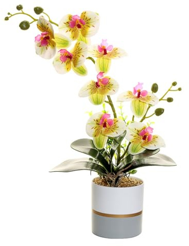 Künstliche Gelbe Zweizackige Orchideenblüte im Topf, Silikon Blumentopf, Phalaenopsis, Achtköpfige Phalaenopsis mit Blumentopf, Eingetopfte Weiße Schmetterlings Simulationsblume (Gelb)