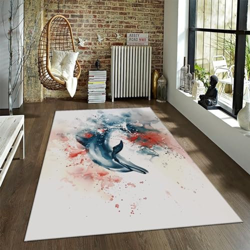 Bunte Kunst Farbe Splash Teppich Delphin Teppiche Abstrakte Aquarell Teppiche für Wohnzimmer Waschbarer rustikaler Bereich Teppich Rutschfester Eingangsteppich 60x90cm