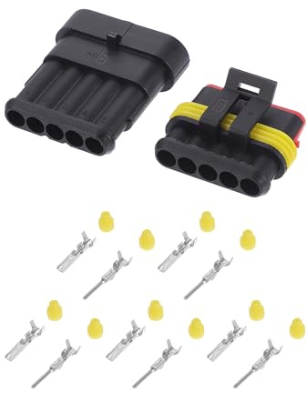 A ABSOPRO Kit Connettore 5 Pin Impermeabile Nero Giallo Maschio Femmina | Nero, Giallo, Plastica, Rame, Per Vari Veicoli, Include 1 Allog.Maschio+1 Femmina+10 Guarn.+5 Term.Maschio+5 Femmina