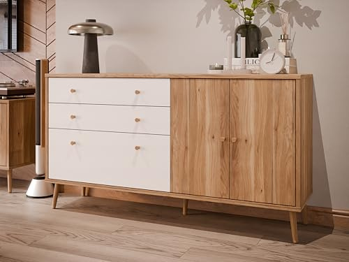 FORTE Harllson, einfache Montage Dank EasyKlix Kommode Holzdekor: Mauvella Eiche nit Weiß, Sideboard mit 2 Schubladen und 3 Türen, Mid Century, 160 cm breit x 86 cm hoch x 41 cm tief