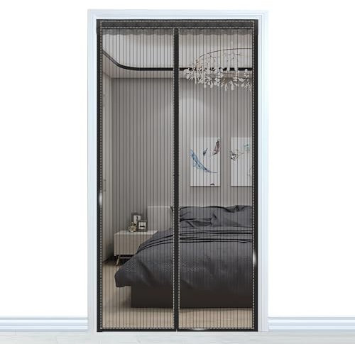 Fliegengitter für Tür, 110 x 195 cm (Breite x Höhe), Polyester-Moskito-Netz mit durchgehendem magischem Band und starken Magneten, Fliegengitter für Tür mit Spitze (Black Stripes)