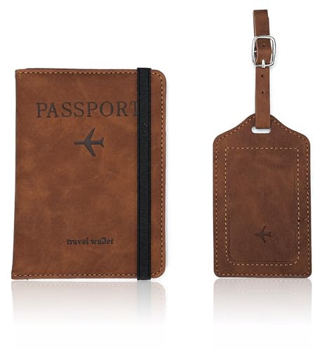 Donmnemb Reisepasshülle mit Gepäckanhänger Set Reisepasshülle und Initiale Gepäckanhänger Set, Reisepasshülle für Reise und Kofferanhänger, Leder Reisepasshülle Hülle Brieftasche Reise, braun,