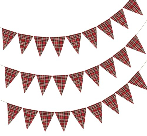 RmKbe 3pcs Weihnachten Party Dekorationen Stoff Wimpelkette Banner Tartan Wimpelkette Banner Geburtstagsfeier Wimpelkette Banner Girlande Große Dreieck Girlande Banner für Weihnachten Karneval