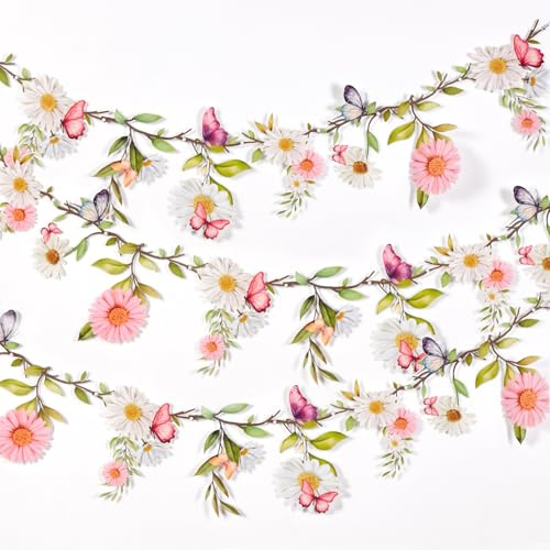 Easy Joy 2PCS Garden Flower Decorations Pink White Floral Paper Flower Garland Wildflower Party Banner for Spring Summer Flower Birthday Baby Shower Birthday Afternoon Tea Party Supplies