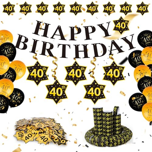 WenmthG 40 Geburtstag Deko Männer Frauen, 40. Geburtstag Deko mit Girlande, Luftballons, Luftschlangen, Banner, Konfetti - 40. Geburtstagsdeko Happy Birthday - Schwarz Gold