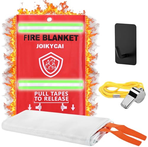 JOIKYCAI Large 1x1M Fire Blanket with emergency whistle, Easy to Deploy for Quick Emergency Fire Suppression at Home, in Kitchens, Offices, Garages, or Caravans, Wall Mountable Fiberglass, 1 Pack