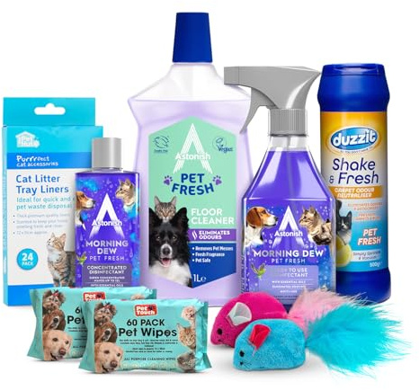 8 Piece Pet Cleaning Bundle All-in-One Cat Hygiene Kit with Astonish Pet Fresh Cleaners Disinfectants, Wipes Carpet Odour Neutraliser Litter Tray Liners & Toy Perfect for Cat Owners & Home Hygiene