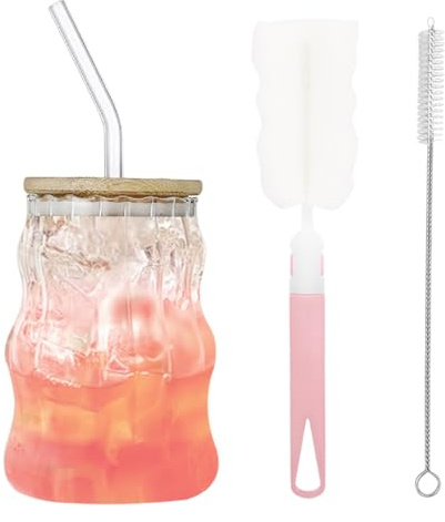 InteDesign 500ML Ribbed Glasses Drinking Set, Drinking Glasses with Lids and Straws, Wavy Drinking Cup, Ice Coffee Glass for Cocktail, Tea, Smoothie