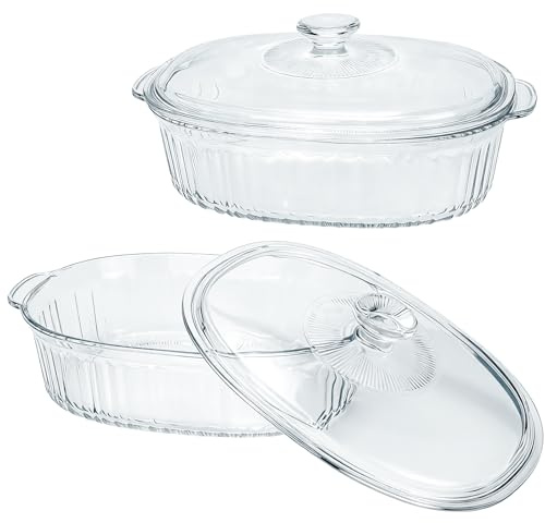 2 Pack Glass Casserole Baking Dishes with Lids for Oven,1.9 Qt and 3 Qt Ribbed Oval Glass Serving Dishes Bakeware Set for Lasagna,Casseroles,Leftovers,Cooking,Kitchen (1.9 L & 3.0 L)
