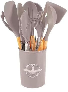 Silicone Kitchen Utensil Set, 12 Pieces, Wooden Handle, Heat Resistant, Non-Stick, Dishwasher Safe (Beige)