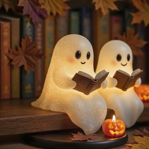 Starnearby Niedliche Geister-Leselampe Halloween Deko Geist Lampe LED Ghost Statue Nachtlicht Kinder Buchlampe Halloween Dekoration für Leser und Buchliebhaber (15cm, 2 Stück)
