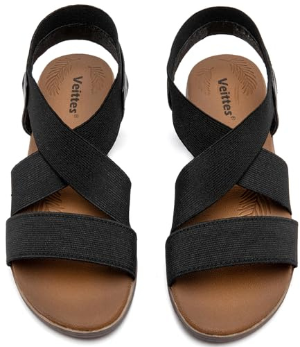 Veittes Women's Flat Slide Sandals - Fashionable Elastic Ankle Strap, Comfort Soft Sole Summer Casual Sandals.(BK/MF,Size 5)