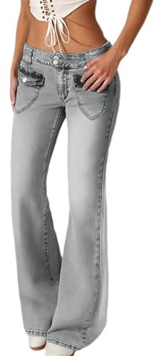 Jean évasé pour femme - Taille basse - Avec boutonnière - Stretch - Tendance - Coupe ajustée - Pantalon de loisirs - Jean délavé - Avec poches, O gris., M
