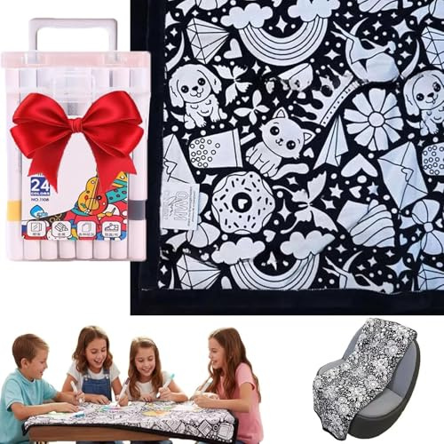 NatureHaven Washable DIY Coloring Blanket with 24 Markers, Color Your Own Blankets, Seasonal Decorations, Birthday Arts and Gifts(Happy Doodles)