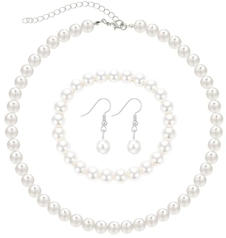 DOPENSPI Parure de bijoux 3 pièces avec collier, bracelet et boucles d'oreilles en fausses perles de 8 mm - Collier de perles synthétiques blanches - Bijoux fantaisie pour femme - Cadeau de mariage