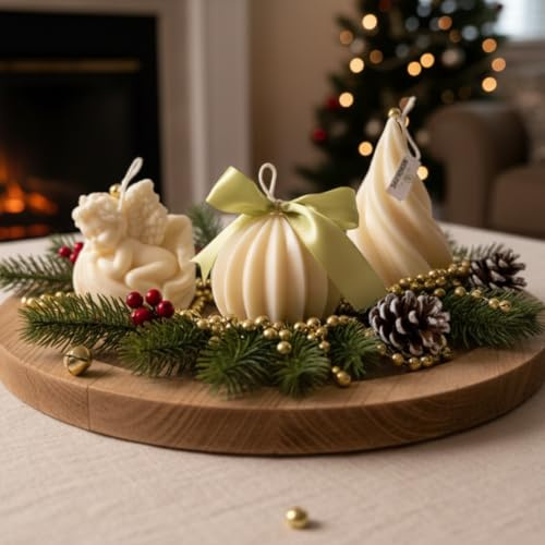 Set 3 Candele Natalizie Artigianali in Cera di Soia - Profumazione Vaniglia Delicata - Kit Regalo con Angelo, Pallina e Albero - Ideale come Regalo o Decorazione Tavola per le Feste