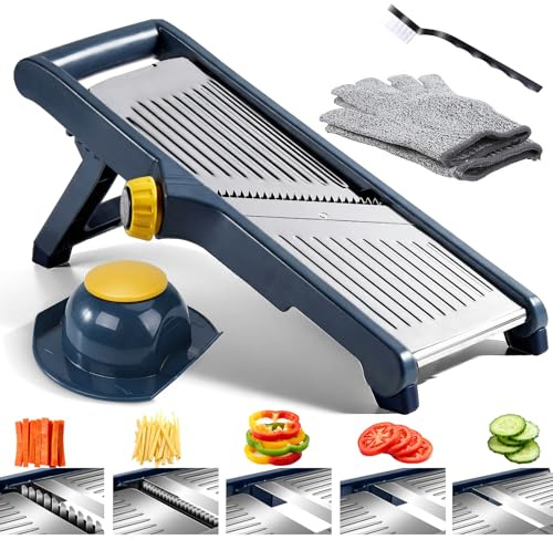Masthome Mandoline Vegetable Slicer, 5-in-1, Adjustable Stainless Steel | 1-9mm Thickness, 4.5/9mm Julienne, Dishwasher Safe, Cut Resistant Gloves and Cleaning Brush, for Fruit Vegetable Cheese