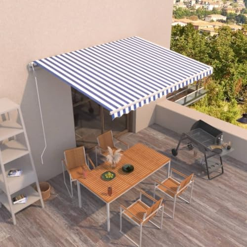 Owoxanthellate Elektrische Markise 400x350 cm aus Aluminium & Polyester Blau Weiß Automatisch einziehbar Fernbedienung UV Schutz für Garten Balkon Terrasse und Wintergarten