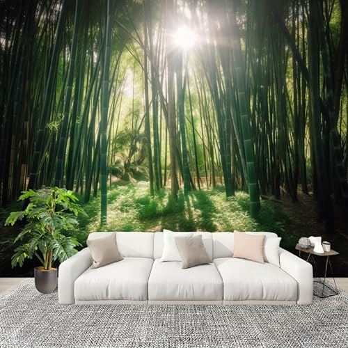 Papel Tapiz Fotográfico 200x140cm Plantas Luz Solar PatróN De Hojas De Bambú 3D Murales Póster Moderna Fotomurales Verde Para Cuarto de Niño Salón Dormitorio Oficina Decorar