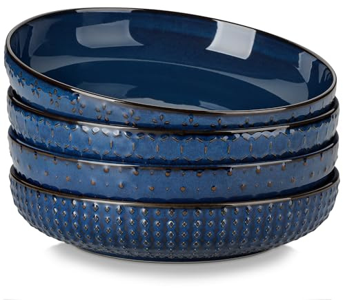 MALACASA sopptallrikar set om 4, 1570 ml stora soppskålar stengods pastaskålsset, Φ24,1 cm bred och platt spaghettidjupa tallrikar, pastaskålar, stora salladsskålar, serie LYDIA blå