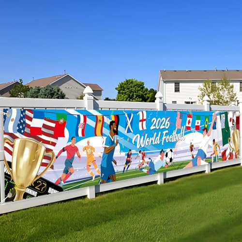 World Cup Football 2026 Banner Backdrop for Football Party World Cup Themed Decorations Wall Hanging Indoor Outdoor Bar Supplies Featuring vibrant stadium scenes and national flags 300cmx50cm