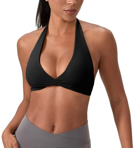 Ruowuhen Dam Sport-BH med Halter Halsband Armbandslös Sportbehå utan Stålbågar med Avtagbara Foder för Yoga Pilates Fitness, svart, M