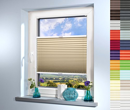 Sun World Plissee nach Maß, deutsche Wertarbeit, hochqualitative Wertarbeit, für Fenster und Türen, alle Größen, Maßanfertigung, Jalousie, Faltrollo (Farbe: Beige, Höhe: 201-210cm, Breite: 20-50cm)