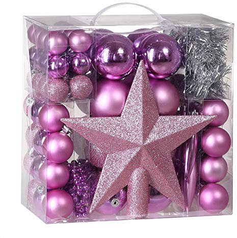 DEUBA® Bolas para Árbol de Navidad Set Completo Rosa 77Pzs. Adornos Decoración Colgante Estrella Navideña