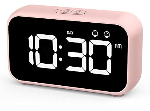 HOMVILLA Sveglia Digitale, Sveglia da Comodino LED con 40 suonerie opzionali, Orologio a Specchio con Doppio Allarme, Funzione di Snooze, 4 Livelli di luminosità, Sistema 12/24 Ore (Rosa)
