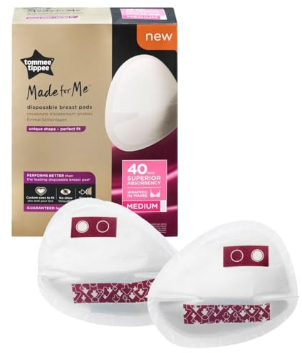 Tommee Tippee Made for Me Daily Disposable Breast Pads, Soft, Absorbent and Leak-Free, Contoured Shape, Adhesive Patch, Medium, Pack of 40
