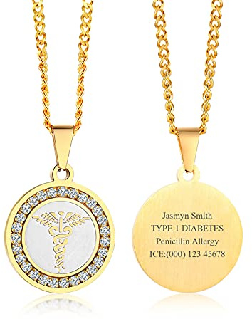 Personalisierte medizinische Alarm Halskette | kundengebundener Edelstahl passender Zirkon Notfall Runde Form ID Dog Tag Anhänger Halskette für Herren Damen,Identifikation Notfall Halskette,24 Kette