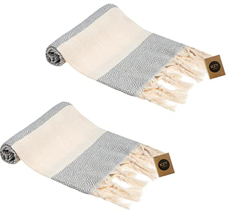 KZY LONDON Turkish Hand Towel Set of 2 - Towel for Kitchen and Bathroom - 50x100cm, 18,5x40 Inches - Prewashed Absorbent Peshtemal Decorative Towel for Face, Hand, Hair, Gym, Travel (Grey)