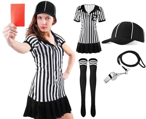 SATINIOR 5 Pcs Women Referee Costume Set Umpire Outfit Stripe Ref Shirt Hat Long Socks Whistle for Halloween Cosplay Party(3X-Large)