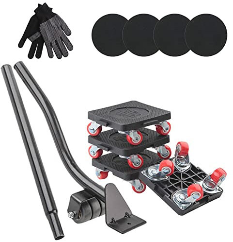 Rullo di Trasporto Mobili, Rullo di Trasporto a Rulli per Mobili con 4 ruote di sistema facilmente mobile, asta di prolunga, 4 distanziatori e guanti, portata 400 kg, per spostare facilmente i mobili