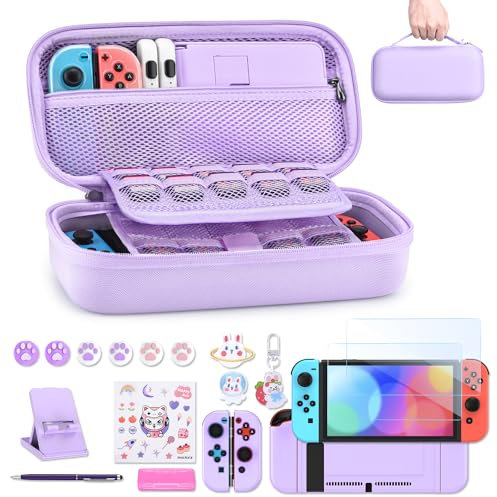 innoAura Switch Tasche für NS Switch 18 in 1 Switch Zubehör mit Switch Hülle, Switch Hülle, Switch Spiele Aufbewahrung, Switch Schutzfolie, Switch Ständer, Switch Joystick Kappen (Lila)