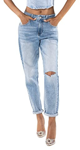 Nina Carter Jean Boyfriend pour femme, taille haute, coupe MOM, aspect usé, effet délavé, Bleu clair (Q1886-2), XS