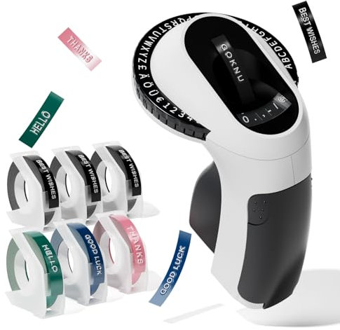 Goknu Prägegerät, E975 Beschriftungsgerät Prägegerät Selbstklebend mit 6 Rollen Prägeband, 3D Etikettiergerät Prägegerät Etiketten, Etikettenprägegerät für Zuhause, DIY- und Hobbyprojekte (£ € Ä Ö Ü)