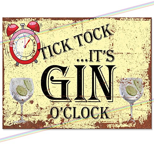 Tick Tock Gin O'clock Funny Metal Bar Sign | Retro Wall Plaque for Garden Bar, Home Pub & Kitchen | Vintage Father’s Day Gift | Small Man Cave Decor 15x10cm | Made in UK